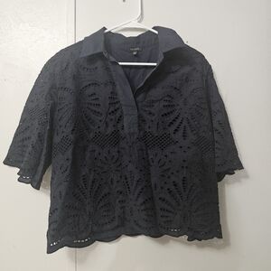 Talbots Navy Blue Lace Overlay V Neck Cropped Blouse!